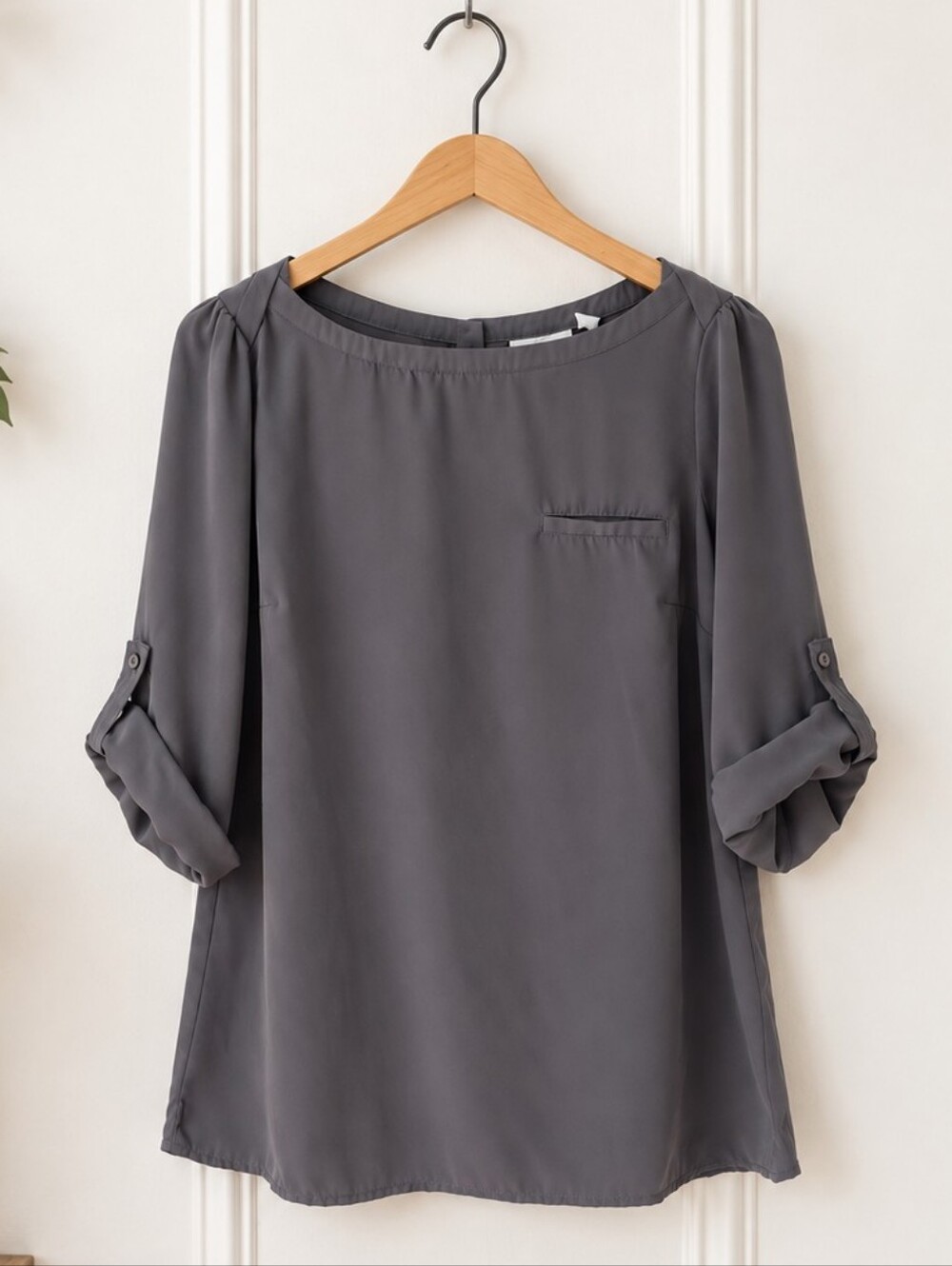 New York & Company Gray Blouse Size Small Roll Tab Sleeve Pocket Career Top